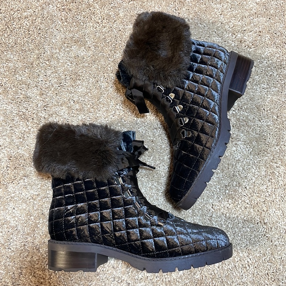 NWT Isaac Mizrahi brown fur ankle boots Leanna BM new suede quilted laceup 7.5